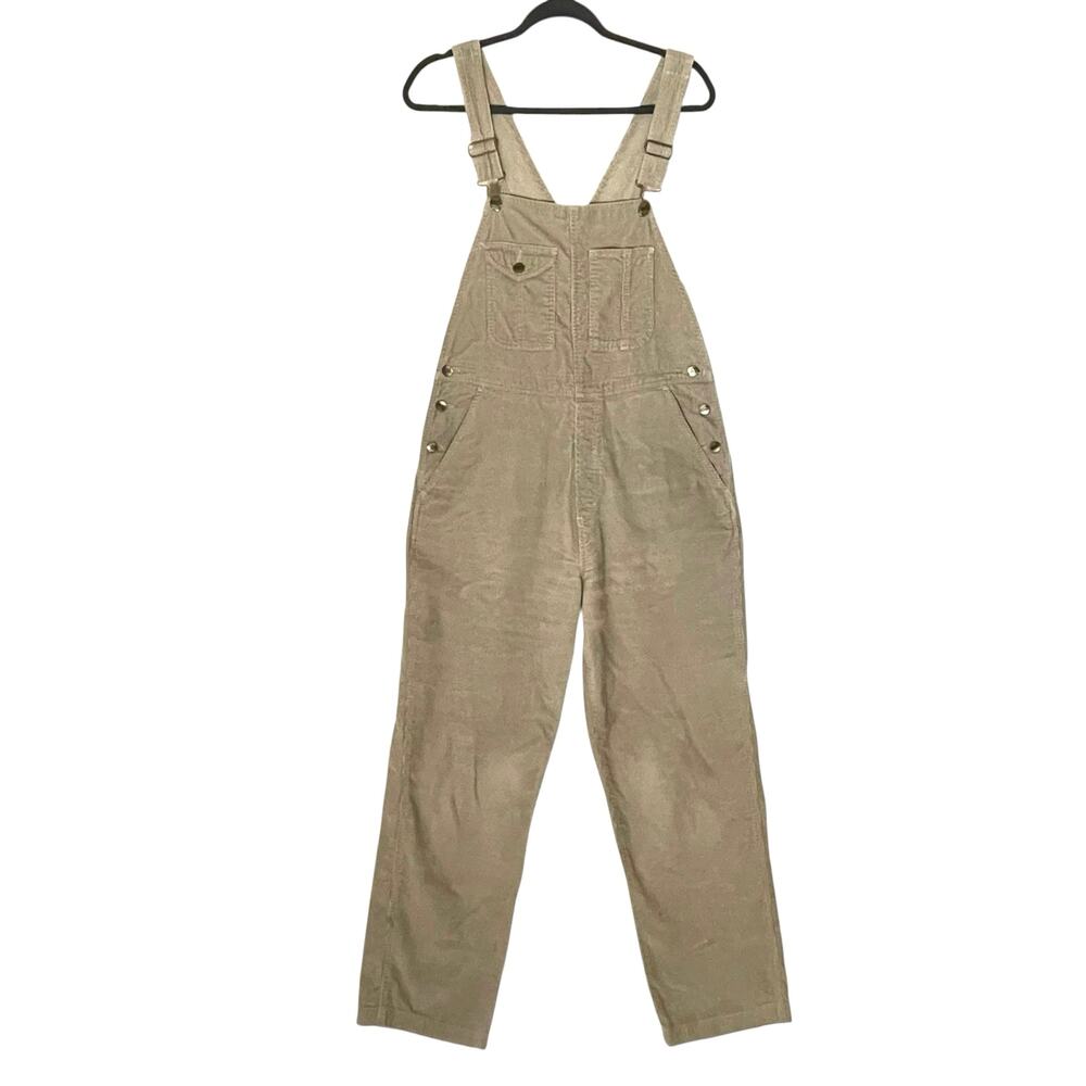 VTG L.L. Bean Women Corduroy Tan Overall Bibs Medium Y2K Chore Utility Workwear